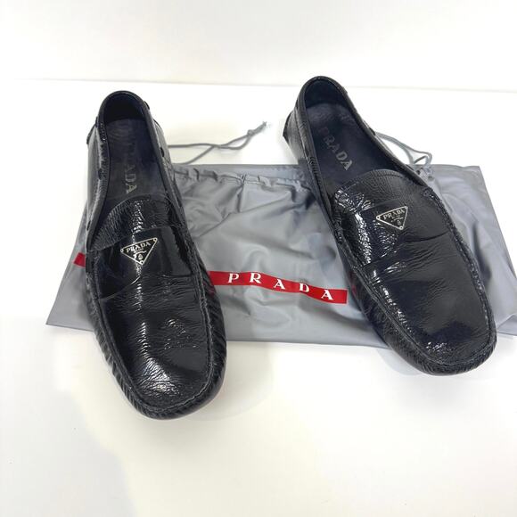 PRADA Black Patent Leather Silver Triangle Logo Driving Loafer 10 Moccasin Shoes main image 4